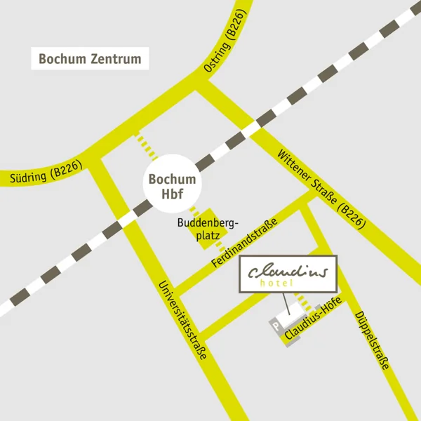 Stadtplan von Bochum mit Bahnhof und Hotel, Hauptstraßen gelb markiert.